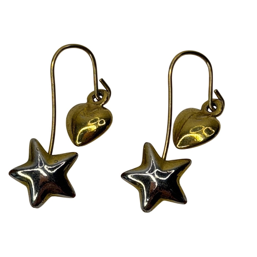 Two‎ Tone Star and Heart Dangle Earrings Gold Silver Mixed Metal Celestial Hook